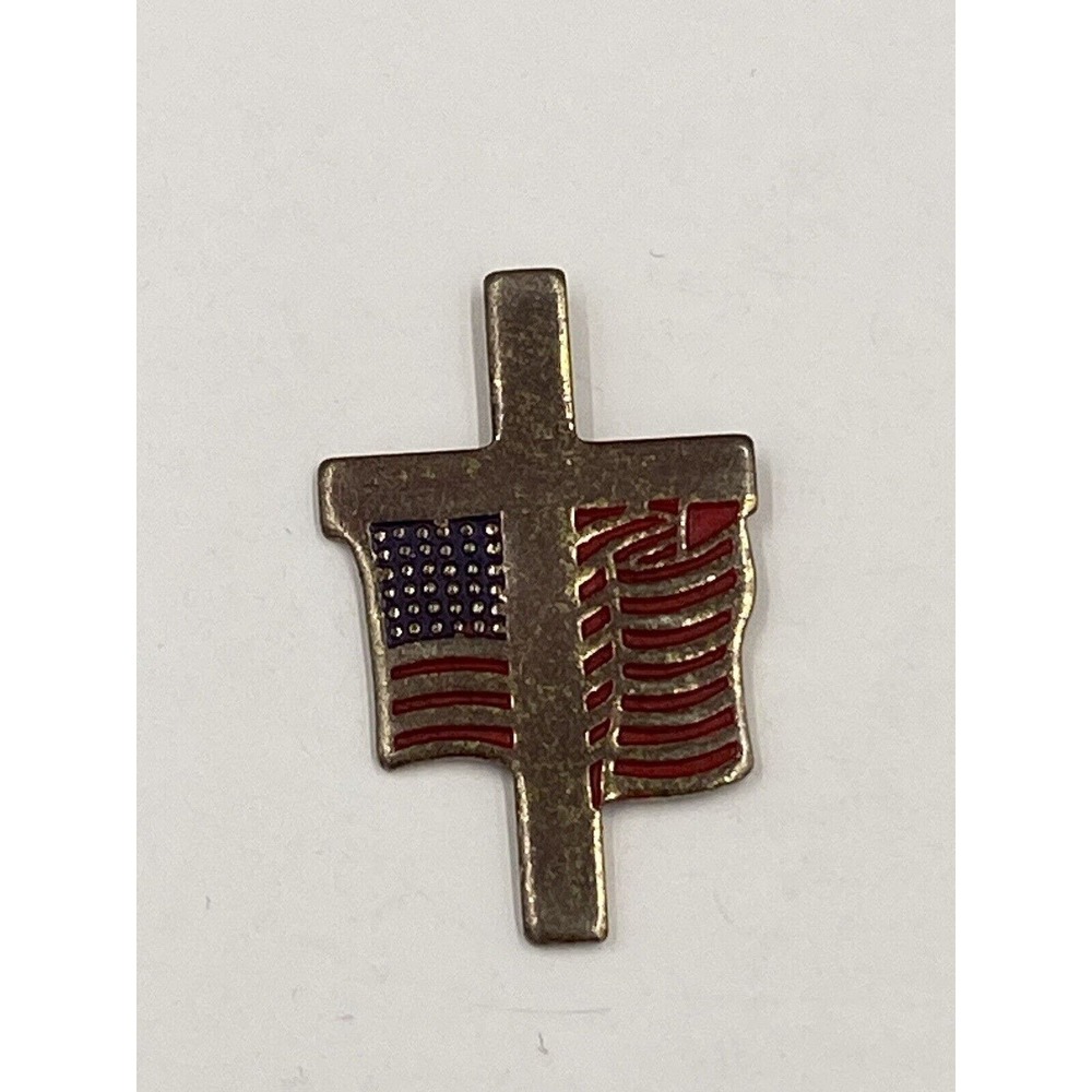 Vintage Cross American Flag Gold Colored Lapel Pin